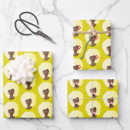 Black Woman Blonde Afro Natural Hair Yellow Wrapping Paper Sheets
