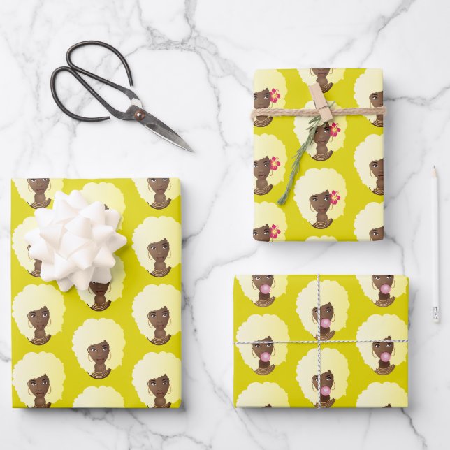 Black Woman, Blonde Afro, Natural Hair, Yellow Wrapping Paper Sheets (Front)