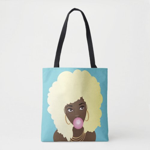 Black Woman Blonde Afro Pink Bubblegum Blue Tote Bag