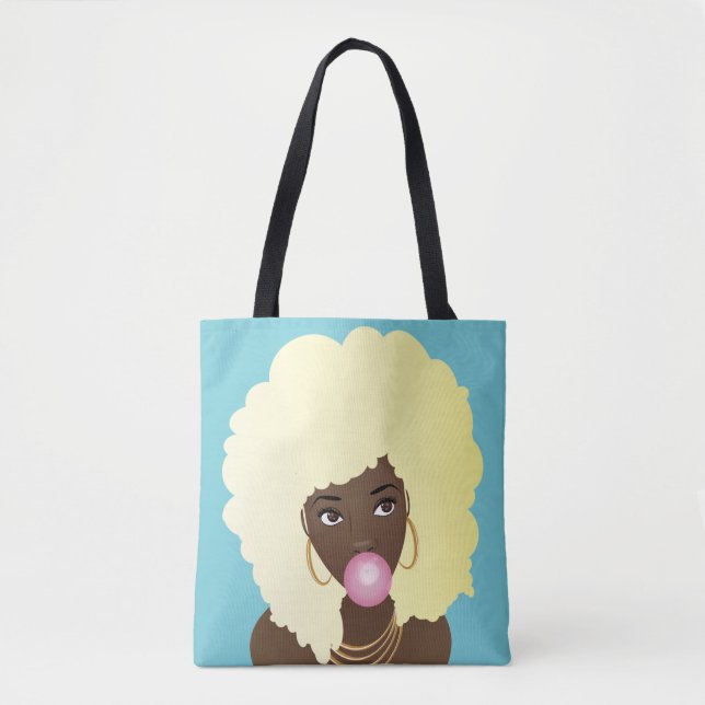 Black Woman, Blonde Afro, Pink Bubblegum, Blue Tote Bag (Front)
