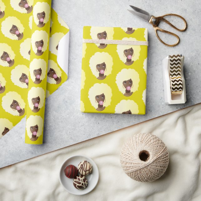 Black Woman, Blonde Afro, Pink Bubblegum, Yellow Wrapping Paper (Crafts)