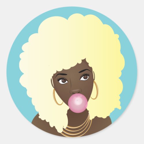 Black Woman Blonde Afro Popping Pink Bubblegum Classic Round Sticker