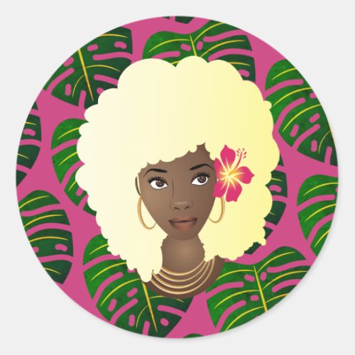 Black Woman Blonde Afro Tropical Leaves Pink Classic Round Sticker