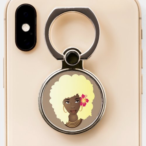 Black Woman Blonde Afro wPink Flower Beige Phone Ring Stand