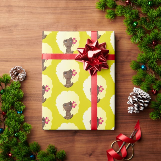 Black Woman, Blonde Afro with Flower, Yellow Wrapping Paper (Holiday Gift)
