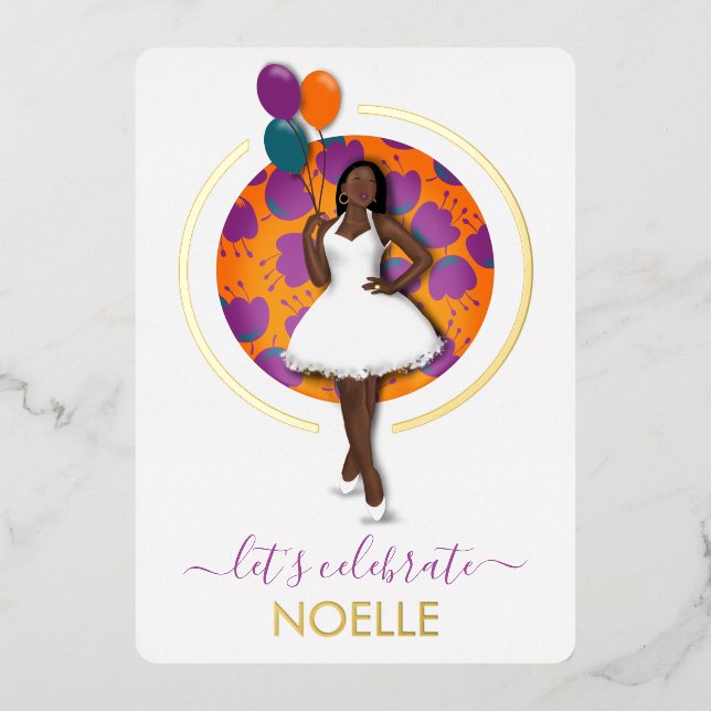 Black Woman Bridal Shower Balloons & Flowers Foil Invitation (Front)
