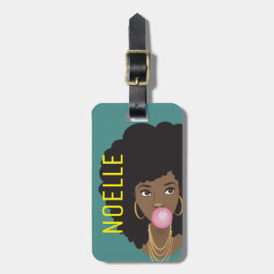 Black Woman, Bubblegum, Natural Hair, Teal Green Luggage Tag