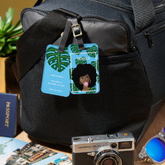 Black Woman, Bubblegum, Tropical Leaves, Blue Luggage Tag