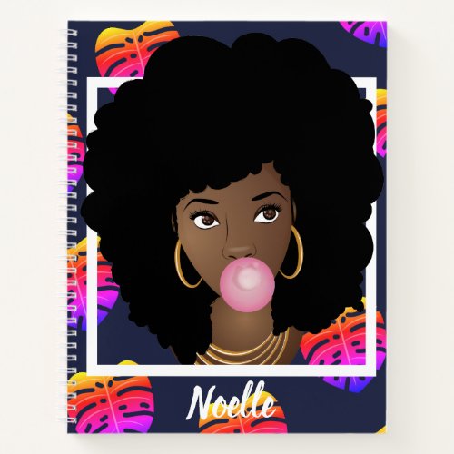 Black Woman Bubblegum Tropical Leaves Navy Blue Notebook