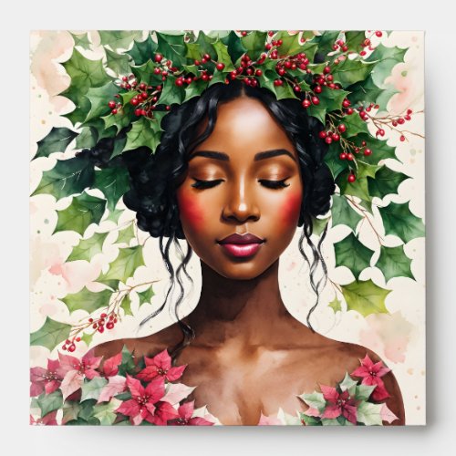 Black Woman Christmas Holly Poinsettia Art Envelope