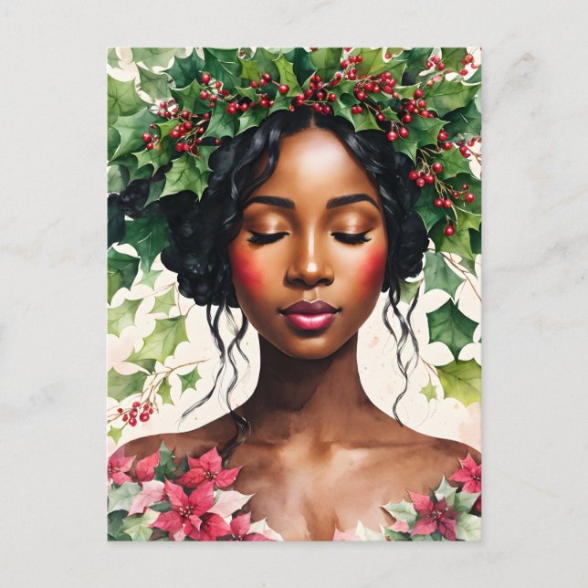 Black Woman Christmas Holly Poinsettia Art Holiday Postcard (Front)