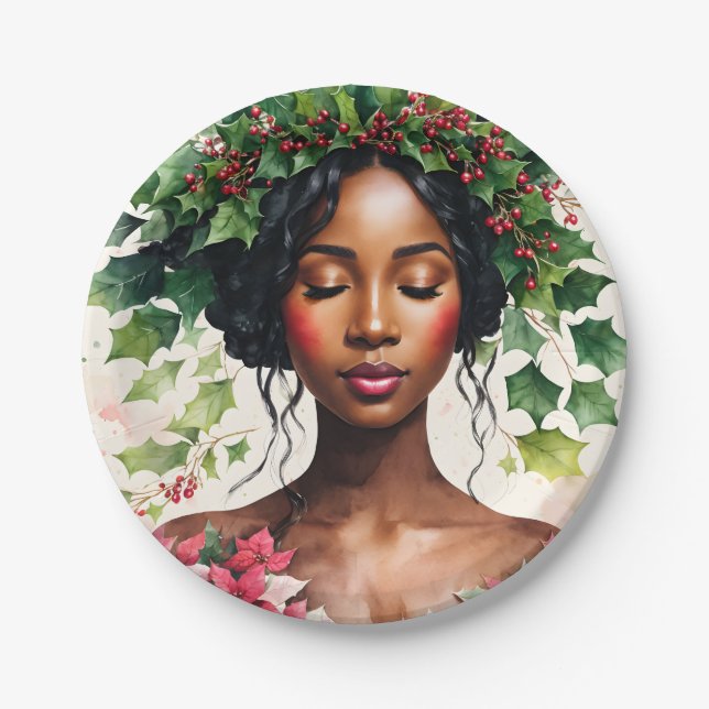 Black Woman Christmas Holly Poinsettia Art Paper Plates (Front)