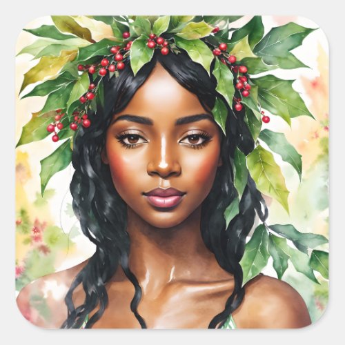 Black Woman Christmas Holly Watercolor Art Square Sticker