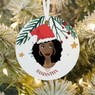Black Woman, Christmas Red Santa Hat, Tree, Stars Metal Ornament