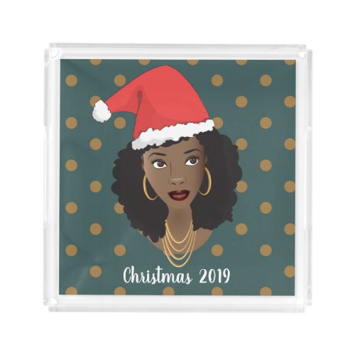 Black Woman Christmas Santa Hat Polka Dot Teal Acrylic Tray