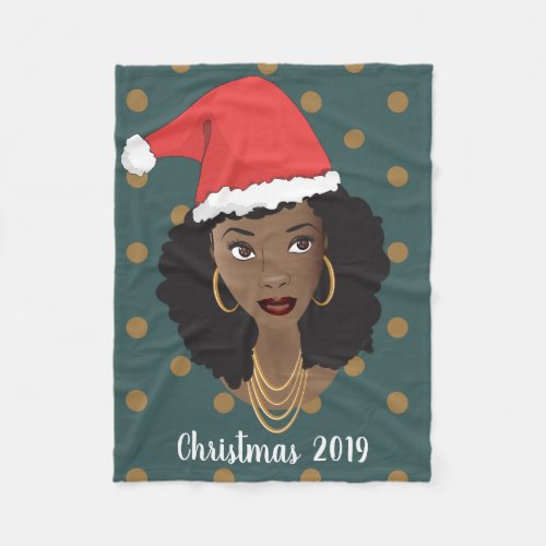 Black Woman Christmas Santa Hat Polka Dot Teal Fleece Blanket