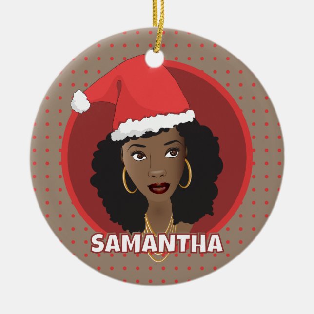Black Woman Christmas Santa Hat, Red Dots, Brown Ceramic Ornament (Front)