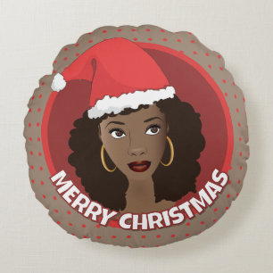 Black Woman Christmas Santa Hat, Red Dots, Brown Round Pillow