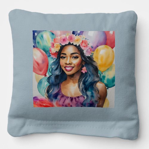 Black Woman Colorful Balloons Birthday Party Cornhole Bags