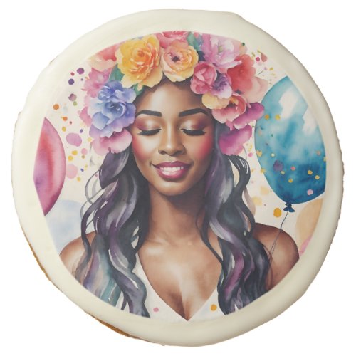 Black Woman Colorful Balloons Confetti Party Sugar Cookie