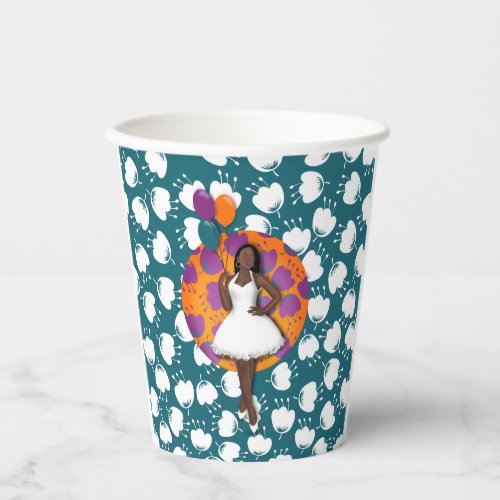 Black Woman Colorful Balloons Flower Pattern Teal Paper Cups