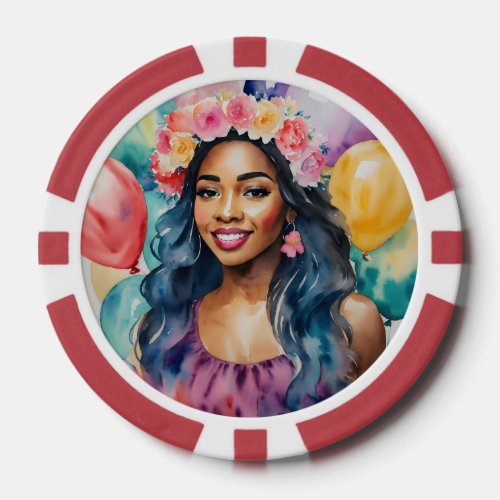 Black Woman Colorful Balloons Party Poker Chips