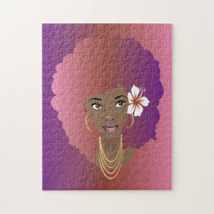 Black Woman, Colorful Pink & Purple Afro, Flower Jigsaw Puzzle