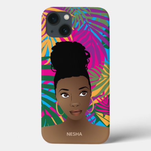 Black Woman Colorful Tropical Leaf Pattern iPhone 13 Case