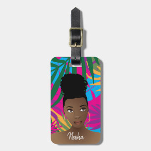 Black Woman, Colorful Tropical Leaves, Monogram Luggage Tag