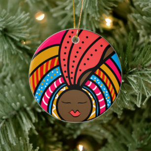 Black Woman Colorful Turban, Orange Ornament