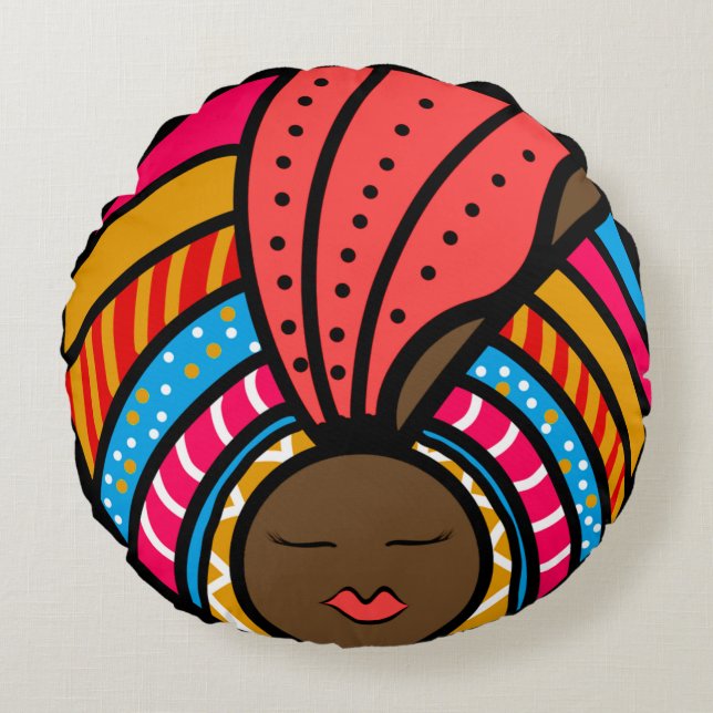 Black Woman Colorful Turban, Orange Round Pillow (Front)