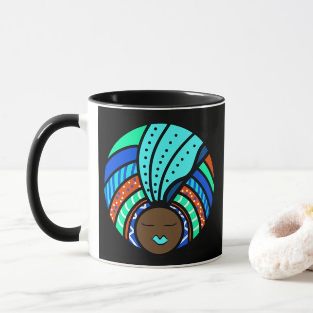 Black Woman Colorful Turban, Turquoise Mug (With Donut)