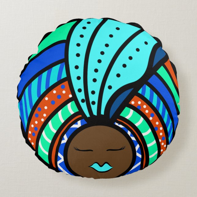 Black Woman Colorful Turban, Turquoise Round Pillow (Front)