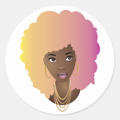 Black Woman Colorful Yellow Orange  Pink Hair Classic Round Sticker