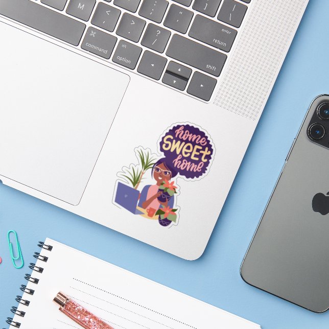 Black Woman Crazy Plant Lady, Home Sweet Home Sticker (Laptop w/ iPhone)