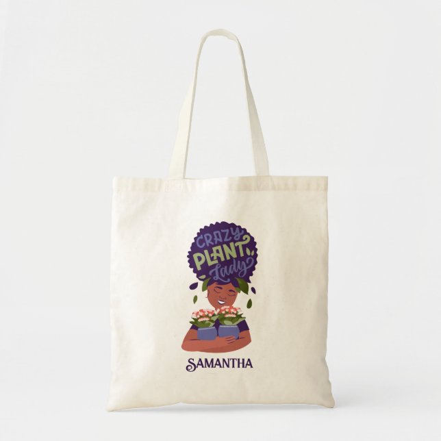 Black Woman Crazy Plant Lady, Hugging Plants Tote Bag (Front)