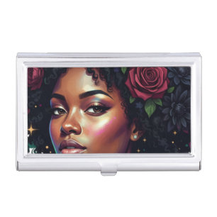 Black Woman Dark Floral Afro Business Card Case