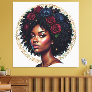 Black Woman Dark Floral Afro Canvas Print