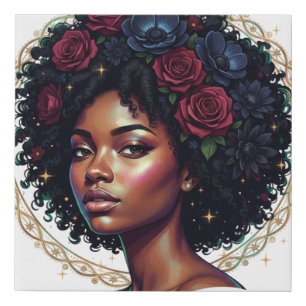 Black Woman Dark Floral Afro Faux Canvas Print