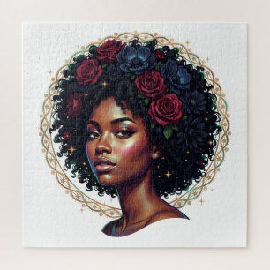 Black Woman Dark Floral Afro Jigsaw Puzzle