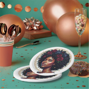 Black Woman Dark Floral Afro Paper Plates