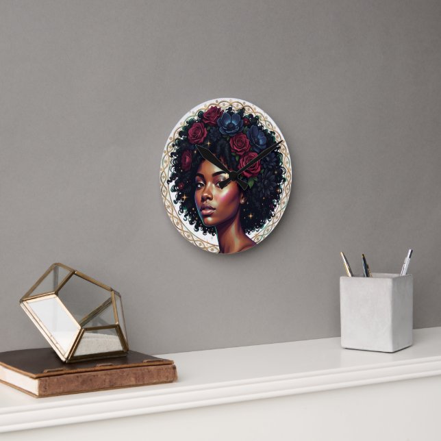 Black Woman Dark Floral Afro Round Clock (Office)
