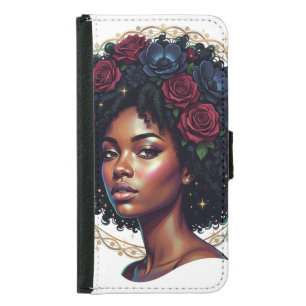 Black Woman Dark Floral Afro Samsung Galaxy S5 Wallet Case