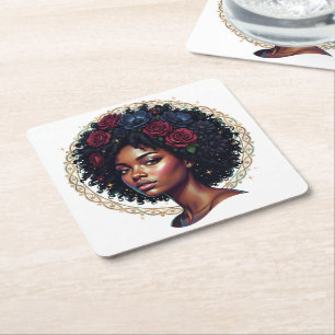 Black Woman Dark Floral Afro Square Paper Coaster