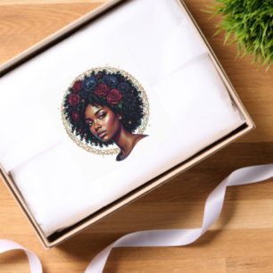 Black Woman Dark Floral Afro Square Sticker