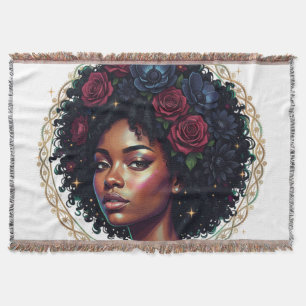 Black Woman Dark Floral Afro Throw Blanket