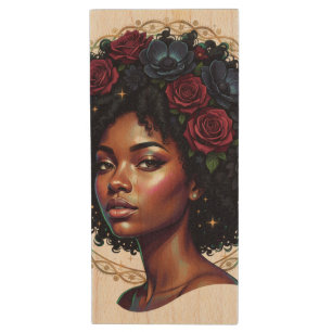 Black Woman Dark Floral Afro Wood Flash Drive