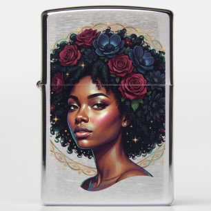 Black Woman Dark Floral Afro Zippo Lighter