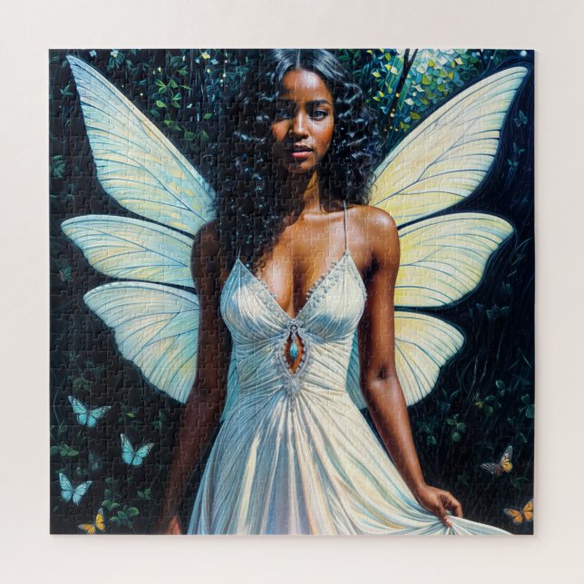 Black Woman Fairy In White Dress Painting Jigsaw Puzzle (Vertical)