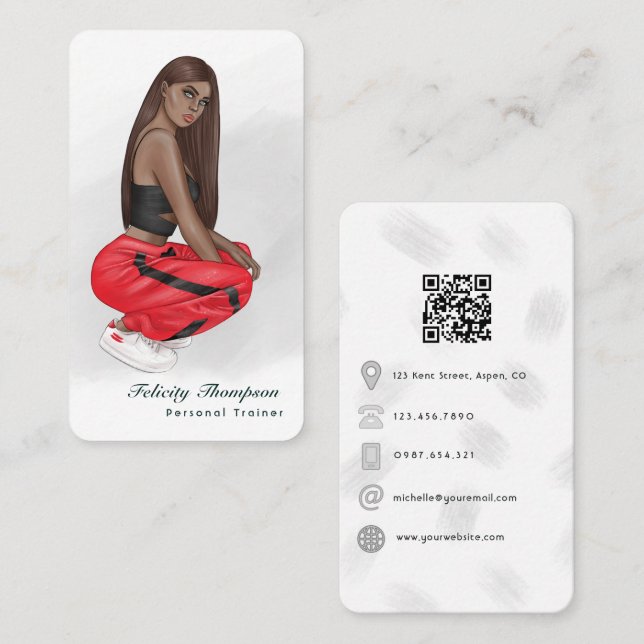 Black Woman Fitness Instructor Girl QR Code Business Card (Front/Back)